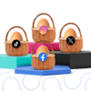 a group of baskets with facebook logo, x twitter logo, tiktok logo, instagram logo on them
