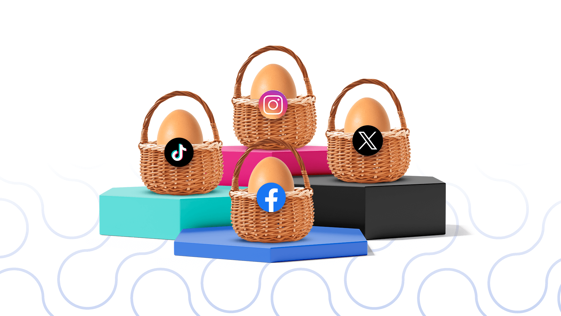 a group of baskets with facebook logo, x twitter logo, tiktok logo, instagram logo on them