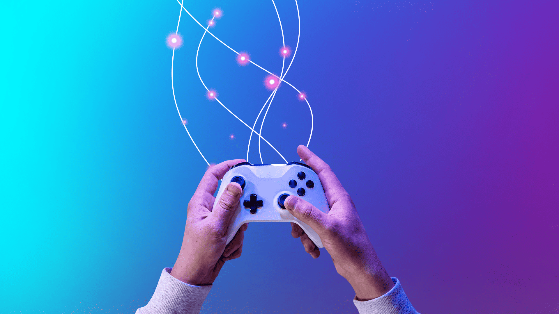 a person holding a white video game controller with gradient blue and purple background