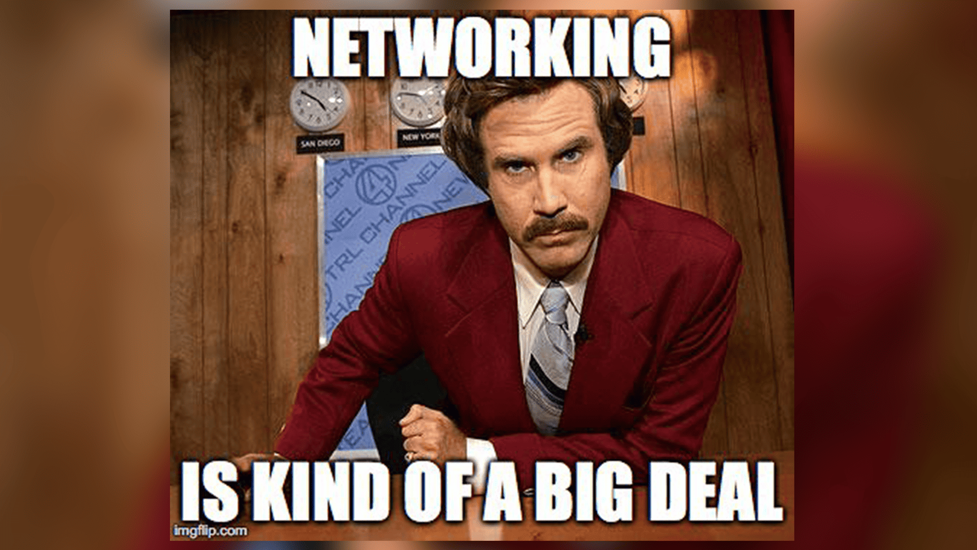 Will Ferrell in a red suit meme, networking, big deal, connections