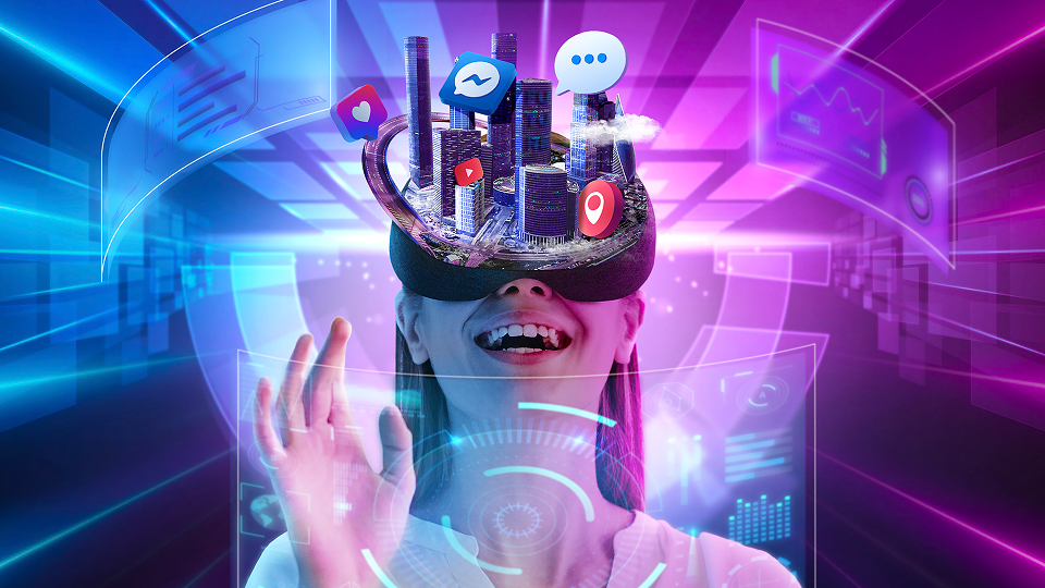 a person wearing virtual reality glasses with a city on her head