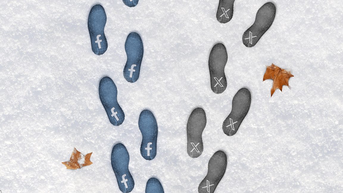 Footprints with Facebook and Twitter logos in the snow depict the journey of Facebook and Twitter