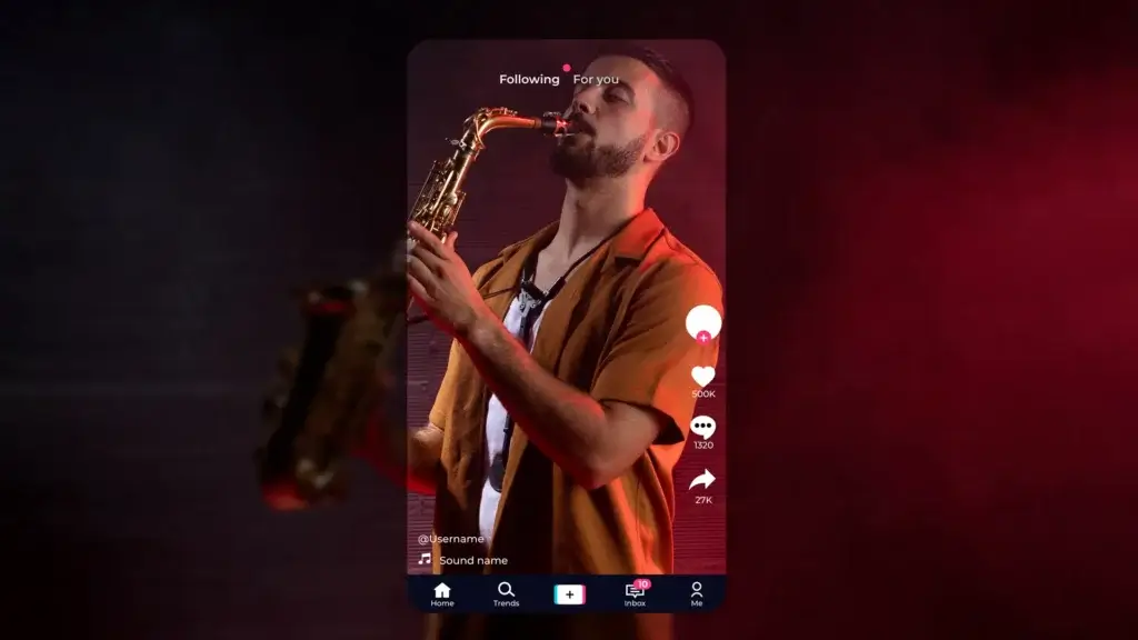 Tiktok influencer man playing saxophone in his live video wearing brown shirt and red ambience